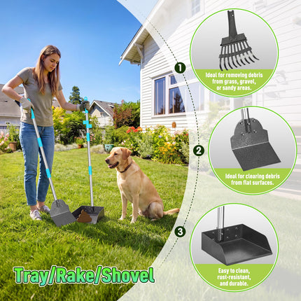 Pooper Scooper and Adjustable Long Handle Dog Pooper Scooper with Spade Shovel, Tray & Rake for Lawns Heavy Duty, Stainless Metal Large Medium Small Pet Supplies on Grass Dirt or Gravel.