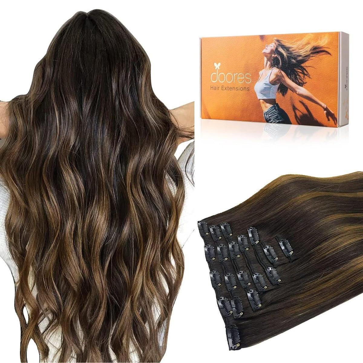 Balayage Dark Brown to Chestnut Brown Clip-In Human Hair Extensions, 18 Inch