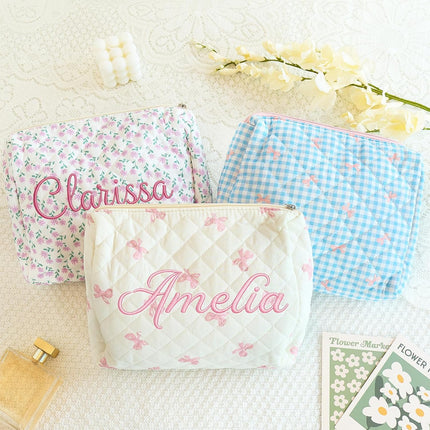 Personalized Large Quilted Makeup Bag with Embroidered Name, Custom Cotton Toiletry Cosmetic Pink Pouch, Monogram Travel Floral Organizer for Women Girl Bachelorette Party Birthday Christmas Gift