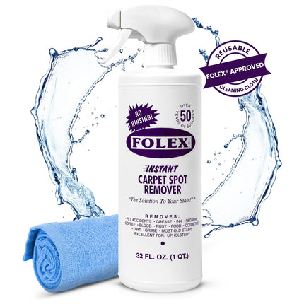 Instant Carpet Spot Remover 32 oz – Powerful Stain Remover for Carpets, Upholstery & Rugs – Eliminates Pet Stains, Grease, Red Wine, Food, Makeup & More – With Reusable Cleaning Cloth - 1 Pack