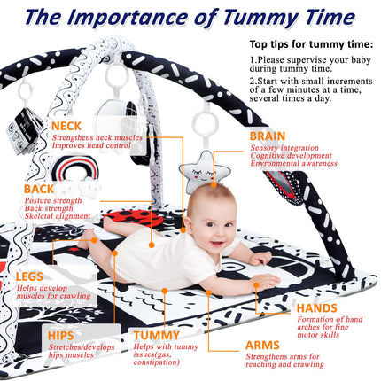 Black and White Baby Gym Play Mat with 6 Toys Tummy Time Activity Mat for Babies 0-6 6-12 Months High Contrast Baby Gyms & Playmats Sensory Toys Newborn Brain Development Infant Play Mat
