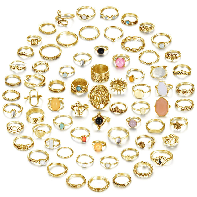 70 Pcs Vintage Crystal Ring Set for Women, Stackable Knuckle Rings