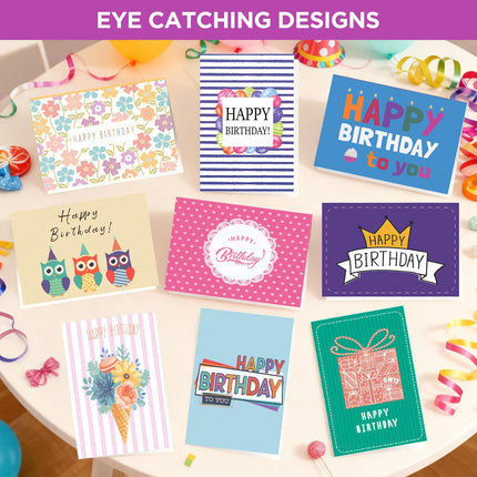 100 Unique Birthday Cards with Envelopes - Assorted Happy Birthday Cards, 4 x 6 inches, Envelopes & Stickers in Bulk Boxed Set