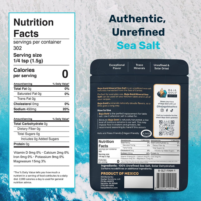 Baja Gold Signature Mineral Sea Salt - Recommended by Gary Brecka - Authentic Fine Grind Salt for Cooking & Baking | Natural Baja Salt for Culinary Uses | Great for Finishing Dishes | 1 lb. Resealable Bag, 300+ Servings