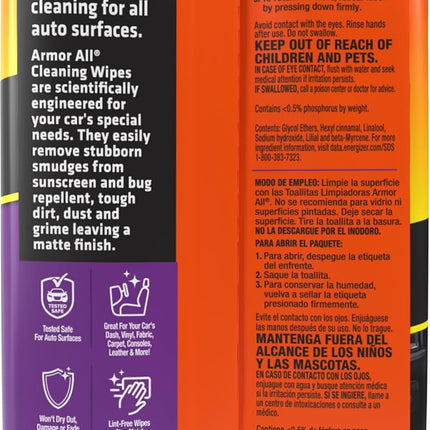 Armor All Car Interior Cleaner Wipes, Interior Cleaning Wipes for Cars, Trucks, Motorcycles, 60 Each