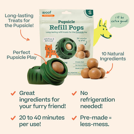WOOF Pupsicle Refill Pops - Low-Mess Dog Snacks - with Peanut Butter and Beef - Dog Treats - Long Lasting - Small Pops - 10 Count
