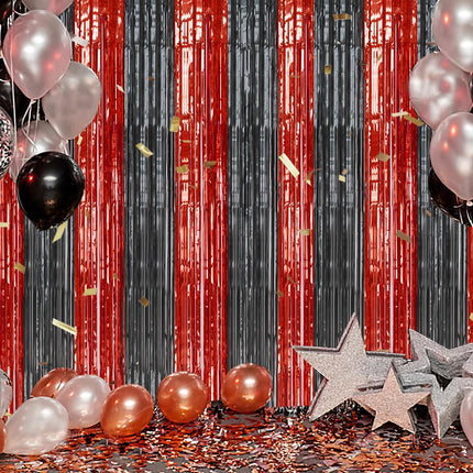 2 Pack Foil Fringe Backdrop - Red&Black Shiny Tinsel Curtains for Party Decoration/Photo Booth Props - 3.3x6.6 FT Metallic Foil Backdrop for Birthday, Wedding, Graduation, Christmas.