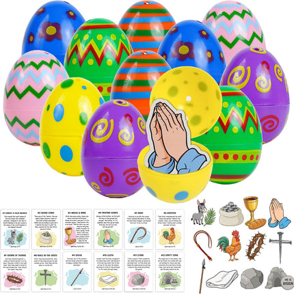 12 Pcs Resurrection Easter Story Eggs with 12 Pcs Wooden Religious Symbols and Matching Story Cards, Empty Resurrection Eggs for Easter Basket Stuffers and Egg Hunt, Christian Gifts for Kids