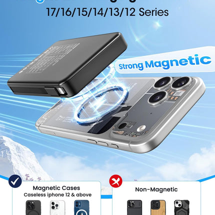 Magnetic Portable Charger, Power Bank Fast Charging 22.5W 10000mAh, Portable Charger with Built in Cable, for Magsafe Battery Pack Compatible with iPhone 17/16/15/14/13/12 Pro/Pro Max, Samsung Black