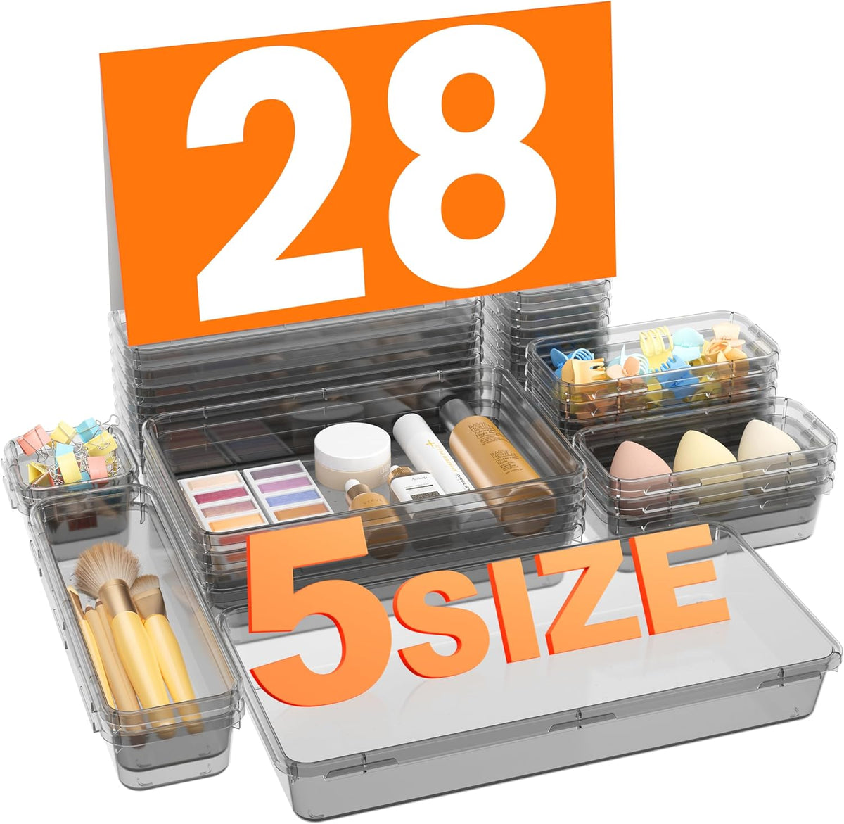 Clear Black 5-Size Drawer Organizer for Makeup, Bathroom, Desk and Tool Storage