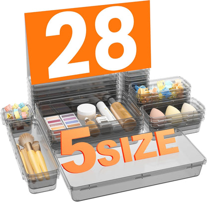 Clear Black 5-Size Drawer Organizer for Makeup, Bathroom, Desk and Tool Storage