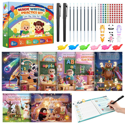 Magic Grooved Writing Practice for Kids Ages 3–8 – 8-Book Reusable 3D Handwriting & Tracing Workbook Kit with Disappearing Ink, Preschool Learning Activity