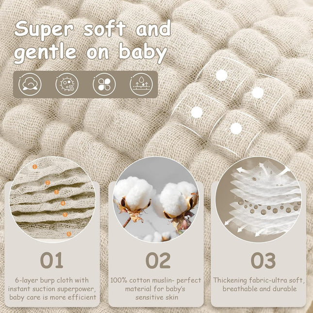 Muslin Burp Cloths 6 Pack - 20" x 10" - Ultra Soft & Absorbent, 6-Layer 100% Cotton for Spit Up & Drool - photo 2