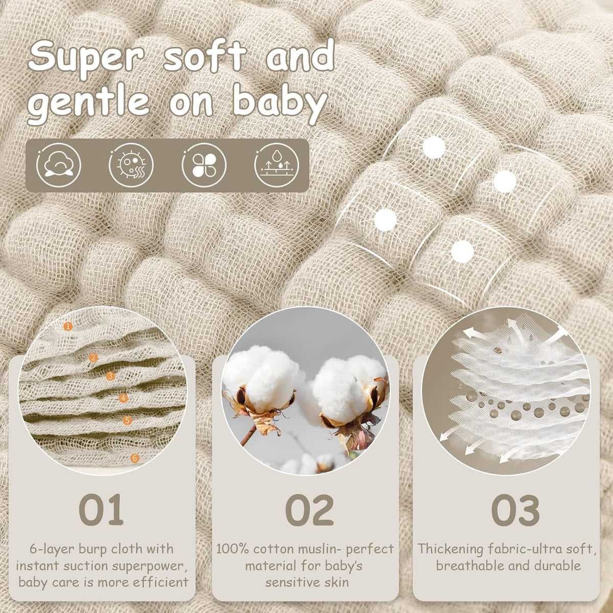 Muslin Burp Cloths 6 Pack - 20" x 10" - Ultra Soft & Absorbent, 6-Layer 100% Cotton for Spit Up & Drool - photo 2