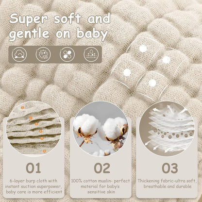 Muslin Burp Cloths 6 Pack - 20" x 10" - Ultra Soft & Absorbent, 6-Layer 100% Cotton for Spit Up & Drool - photo 2