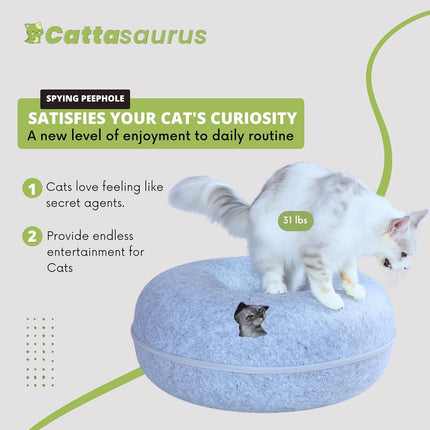 Cattasaurus Peekaboo Cat Cave Donut for Multiple & Large Cats up to 30-45 lbs, 3-in-1 Self Warming Cat Bed, Tunnel & Scratcher for Indoor Cats, Washable & Detachable Small Dog Bed (Light Gray, Jumbo)