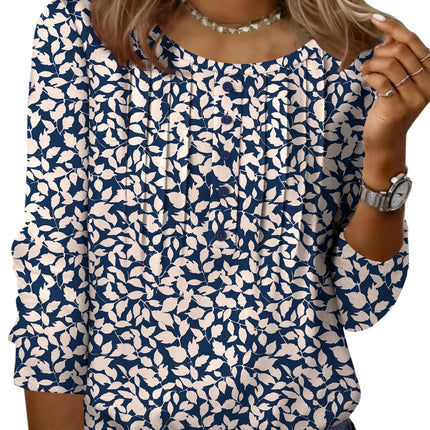 3/4 Length Sleeve Womens Tops Round Neck Casual Summer Tunic Tops Basic Tees Blouses Dressy T-Shirts Pleated Shirts