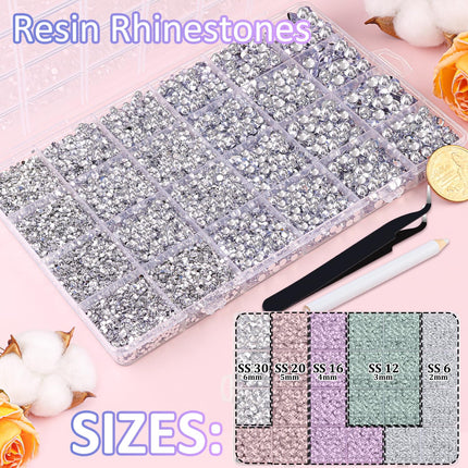 32000Pcs Resin Rhinestones for Bedazzling, Silver Clear Flatback Gems for Diamond Art, Crystal Bedazzler Kit with 3Pcs 10ml B7000 Jewelry Glue for Nail Art Crafting Clothing Book Makeup