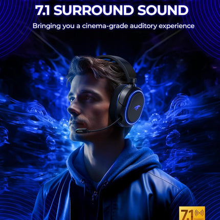 Wireless Gaming Headset, 7.1 Surround Sound, 2.4GHz USB Gaming Headphones with Bluetooth 5.4, 100H Battery, ENC Noise Canceling Mic, RGB Light, Wireless Headset for PC PS5 PS4 Mac Switch (Black-Blue)