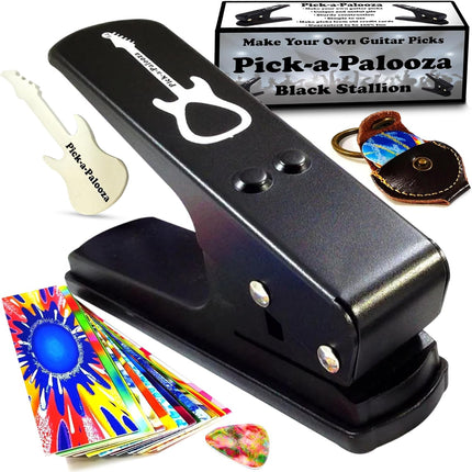 Pick-a-Palooza DIY Guitar Picks Punch Mega Pack - Custom Pick Maker for Musicians - Features Leather Key Chain Holder, Pick Strips with Artwork & File - Unique Gifts for Men & Women - Black Punch