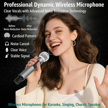 Wireless Microphone, All-Metal Wireless Microphones with RGB Light, Volume Control, 24H Rechargeable Battery, 200ft Range, Bluetooth Receiver with Wireless Mic for Karaoke, Singing, Speech