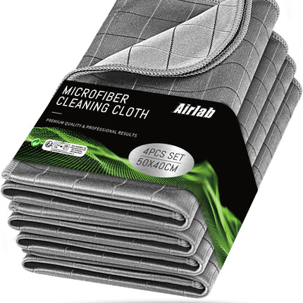 Airlab Carbon Microfiber Towels for Car Drying Window Glass Cleaner Magic Cleaning Cloth Auto Detailing Car Wipes Lint Free Rags Large Towel Interior Detailer, Pack of 4, 20" x 16", Grey
