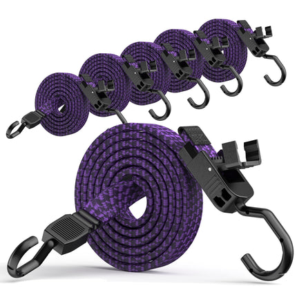 Bungee Cords with Hooks, 48 Inch Adjustable Flat Bungee Straps with Quick Release Buckle, Rubber Black Heavy Duty Elastic Cords with Metal Hooks for Bike Rack, Outdoor, Camping, Tarp, 6 Pack