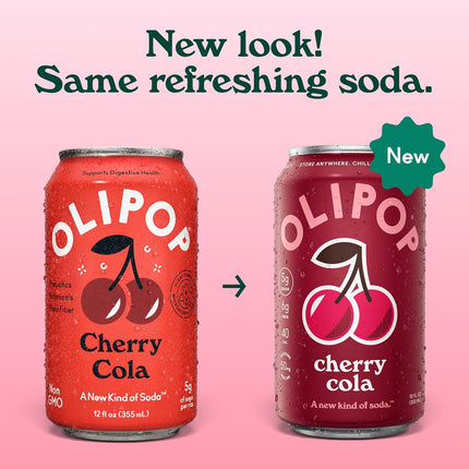 OLIPOP Prebiotic Soda Pop, Cherry Cola, Pantry Pack Packed with Prebiotics, Fiber, and Botanicals, Gluten Free, GMO Free, 12oz (12-Cans)