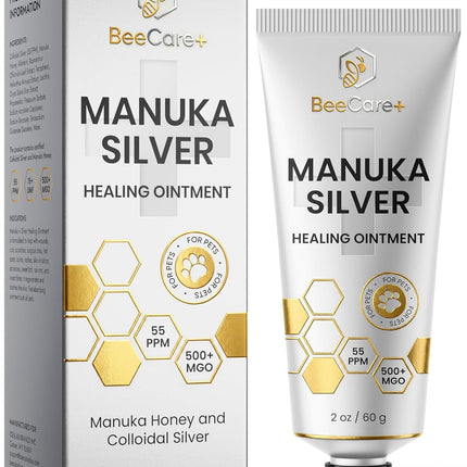 Manuka Honey Ointment 500+ MGO – Dog Hot Spot Treatment for Scratches, Burns, Irritations – Cat Wound Care with 55-PPM Colloidal Silver for Dogs – Manuka + Silver Healing Ointment in a 2-oz Tube