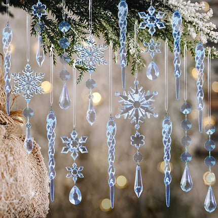 Crystal Christmas Tree Ornaments, Clear Acrylic Snowflake & Icicle, 18pcs