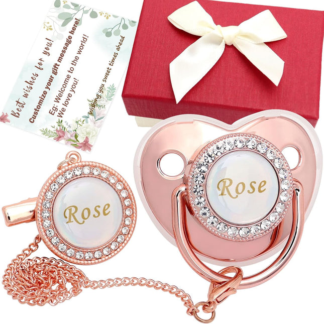 Personalized Pacifier Set with Name, BPA Free, Bling Gold Silver Pink Rose Gold Luxurious Ideal Gift for Newborns (Rose