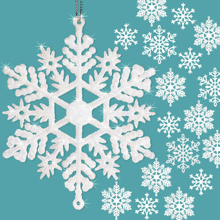 40Pcs White Glitter Snowflake Winter Snowflake Ornaments Christmas Hanging Decorations with 197 Inches Silver Rope for Wedding Birthday Home Xmas Tree Window Door Accessories
