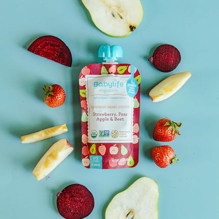 Babylife Organics Stage 2 - Strawberry, Pear, Apple & Beet, 3.5 Ounce Pouch (6 Pack) - Heavy Metal Safe, Organic Baby Food