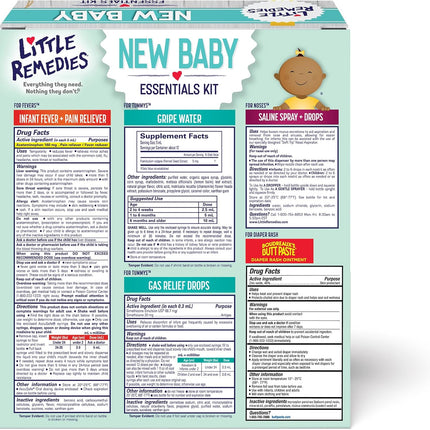 Little Remedies New Baby Essentials Kit with Saline Nasal Spray, Diaper Rash Cream, Gas Relief Drops, Gripe Water & More, Safe for Newborns