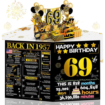 Joycard 69th Birthday Card for Women Men, 3D Pop Up Happy Birthday Gift for Mother Dad, Funny 69 Year Old Birthday Decorations for Wife Husband, Back in 1957 Laser Gold Retro Theme