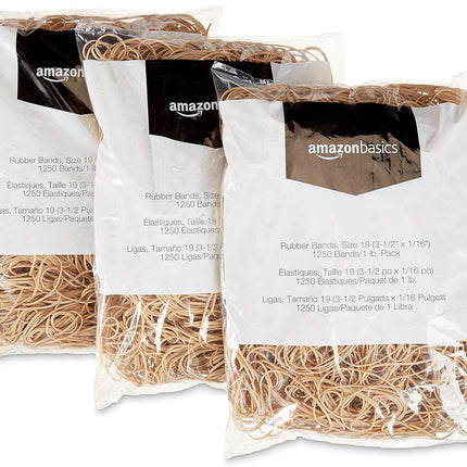 Amazon Basics Rubber Bands, Office Supplies, Size 19 (3-1/2 x 1/16 Inch), Stretchy, 1250 Bands/1 lb. Pack, 3-Pack, Tan