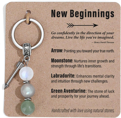 New Beginnings Keychain - Moonstone & Labradorite Crystal Key Chain, Coworker Leaving Gifts for Women, Going Away