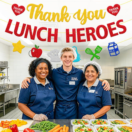 Thank You Lunch Heroes Banner, School Lunch Hero Day Decorations for Ladies, Cafeteria Staff & Cook Teacher, Classroom Nutrition Recognition Decor, Thank You for Serving Our Food Sign