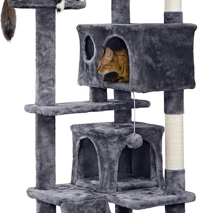 Yaheetech 54in Cat Tree, Multi-Level Cat Tower with Spacious Kitten-ear Perch, 2 Cozy Caves, Scratching Posts, Climbing Ladder, 2 Plush Balls, Durable Pet House Furniture for Indoor Kittens, Dark Gray