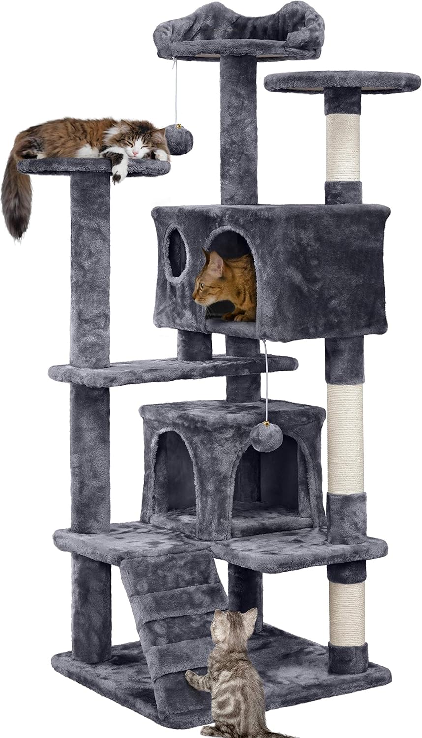 54in Cat Tree, Multi-Level Cat Tower with Spacious Kitten-ear Perch, 2 Cozy Caves, Scratching Posts, Climbing Ladder, 2