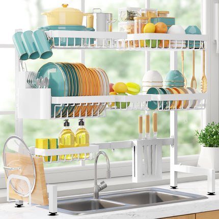 Over The Sink Dish Drying Rack - Adjustable 2 Tier Large Capacity Stainless Steel Drainer with Cutlery & Utensil Holders, Kitchen Storage & Organization, 30"-33.9" L x 11" W x 21.5" H, Black