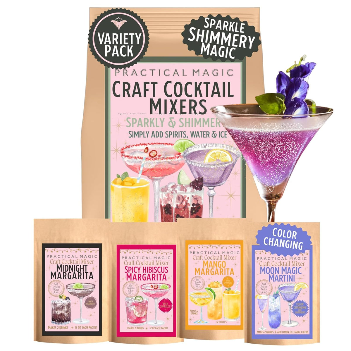 Sparkly Cocktail Mixers Variety Pack w/ Edible Glitter for Drinks, Makes 16 Craft Mix Midnight Margarita & Moon Magic
