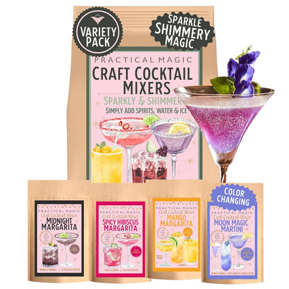 Sparkly Cocktail Mixers Variety Pack w/ Edible Glitter for Drinks, Makes 16 Craft Mix Midnight Margarita & Moon Magic