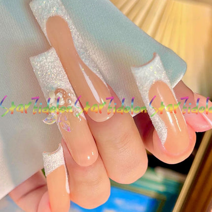 HAND-PAINTED White False Nails Set Coffin Press on Nails Pressons Kit Medium Length Stick on Nails Shoot Nail Art Short Nails with Nail Glue on Nails Square, Long Almond Nail (K26, Medium)