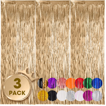 Gold Foil Fringe Backdrop Curtains, 3.3x8.2ft, 3 Pack