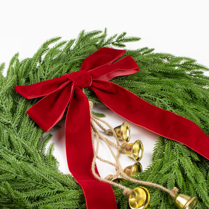 Christmas Decor, 24" Norfolk Pine Christmas Wreath with Velvet Bow & Bells