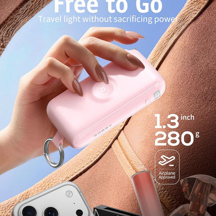 RORRY Flow Portable Charger, 10000mAh 40W Fast Charging Power Bank with Built-in USB C Cable and Foldable Wall Plug, Battery Pack Travel Essentials for iPhone 17/16/15, Apple Watch, iPad, MacBook
