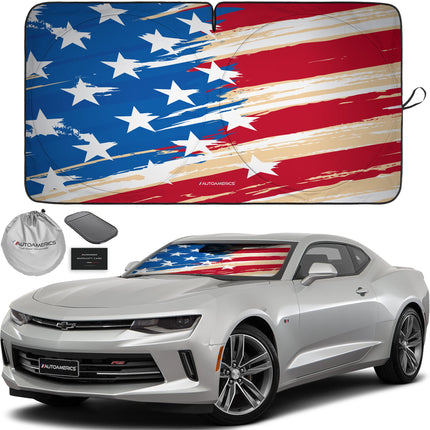 1-Piece Windshield Sun Shade Grunge American Flag - 4 USA Design - Foldable Car Front Window Sunshade for Most Sedans SUV Truck - Blocks Max UV Rays and Keeps Your Vehicle Cool - Medium