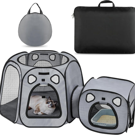 Cat Playpen with Separate Litter Box Area, Large Foldable Waterproof Cat Tent - 600D Oxford, Portable Indoor/Outdoor Pet Enclosure, Cage, House & Condos with Carrybag for Kittens, Small Dogs