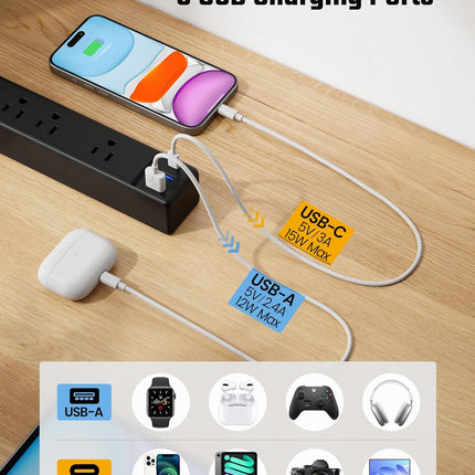 SUPERDANNY Flat Plug Surge Protector Power Strip, 6ft Ultra Thin Extension Cord with 3 USB (1 USB C Port), 6 Outlets Charging Station, Wall Mountable Outlet Extender for Home Office, College Dorm Room